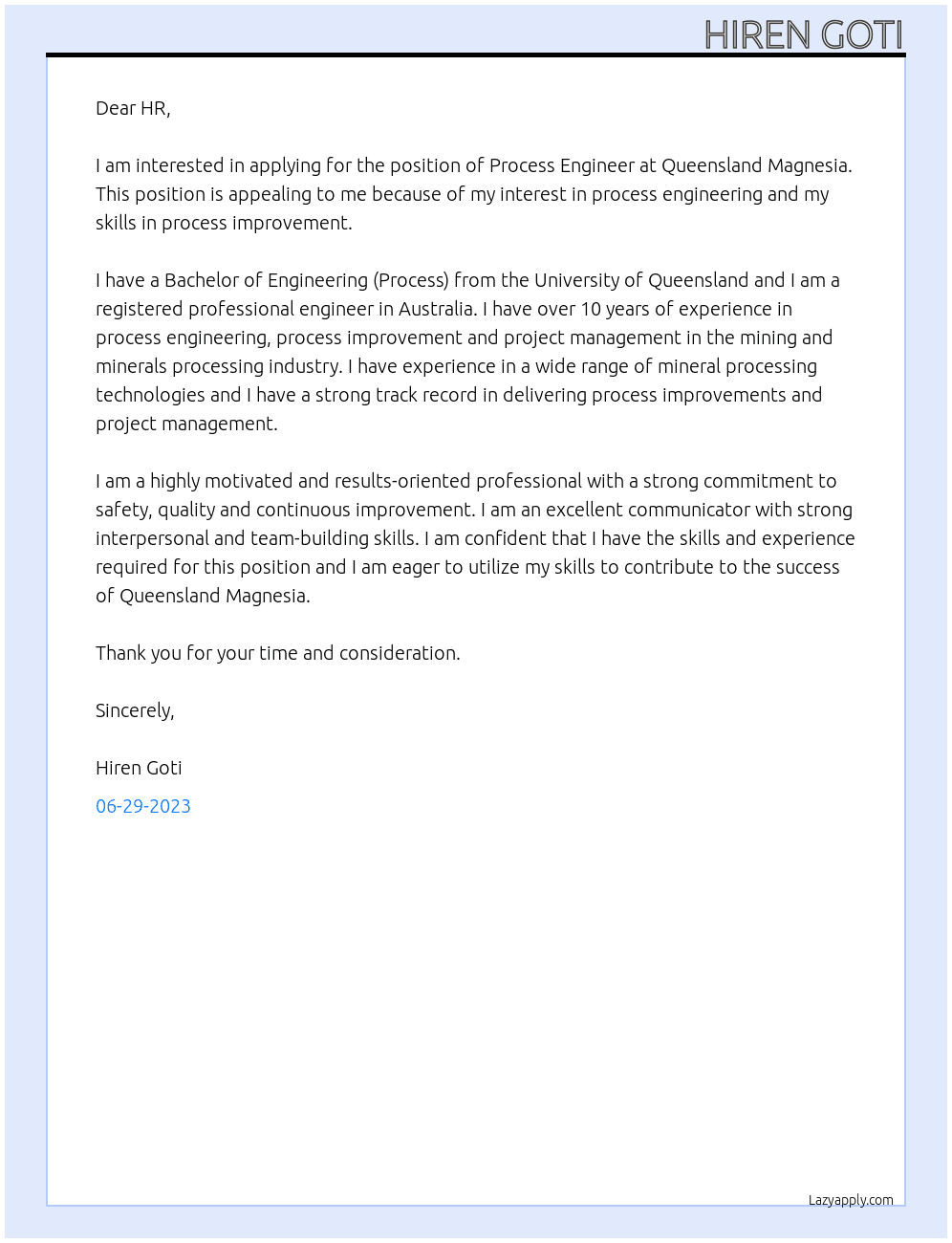 Process engineer At Queensland Magnesia Cover Letter