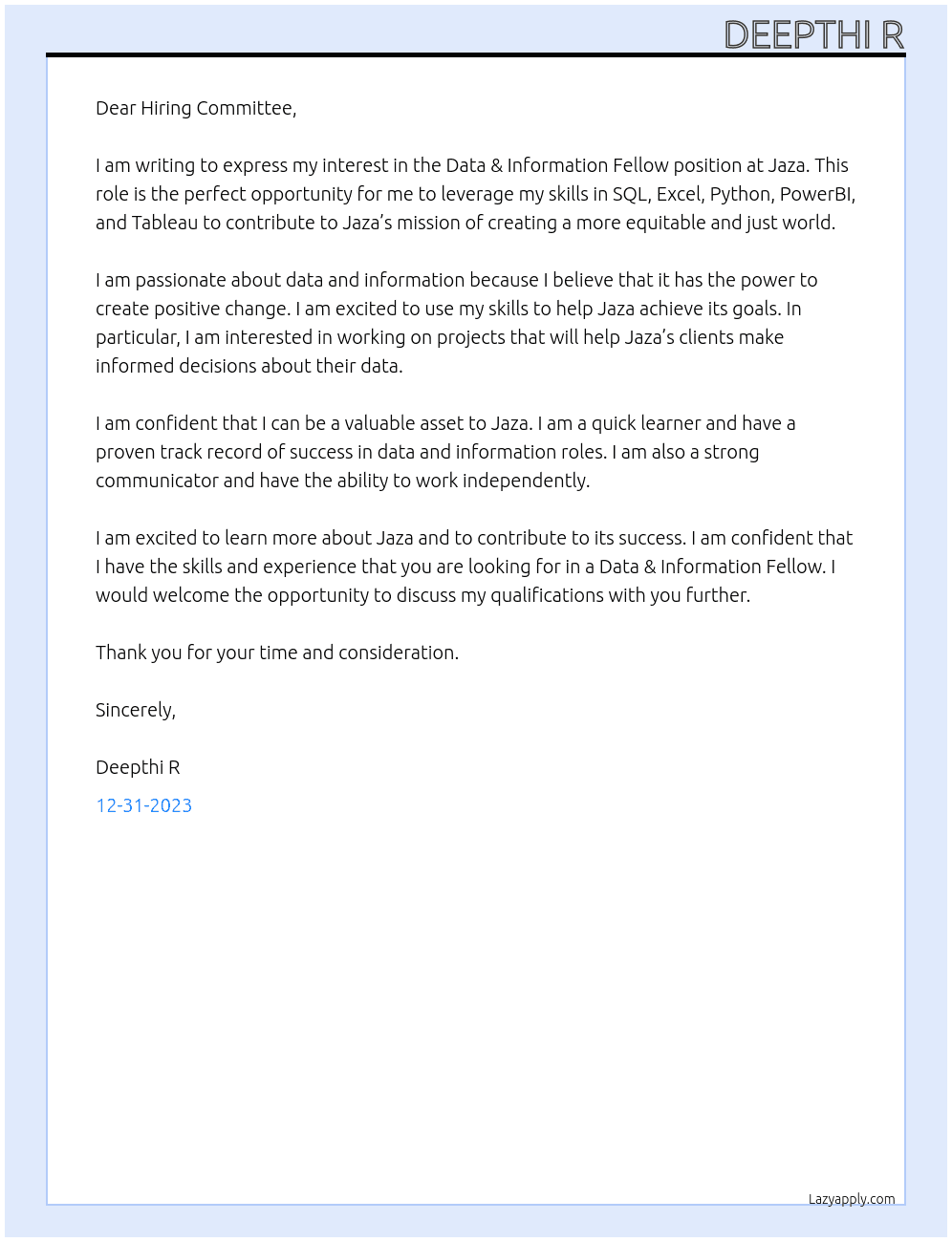 Data & Information Fellow At Jaza Cover Letter