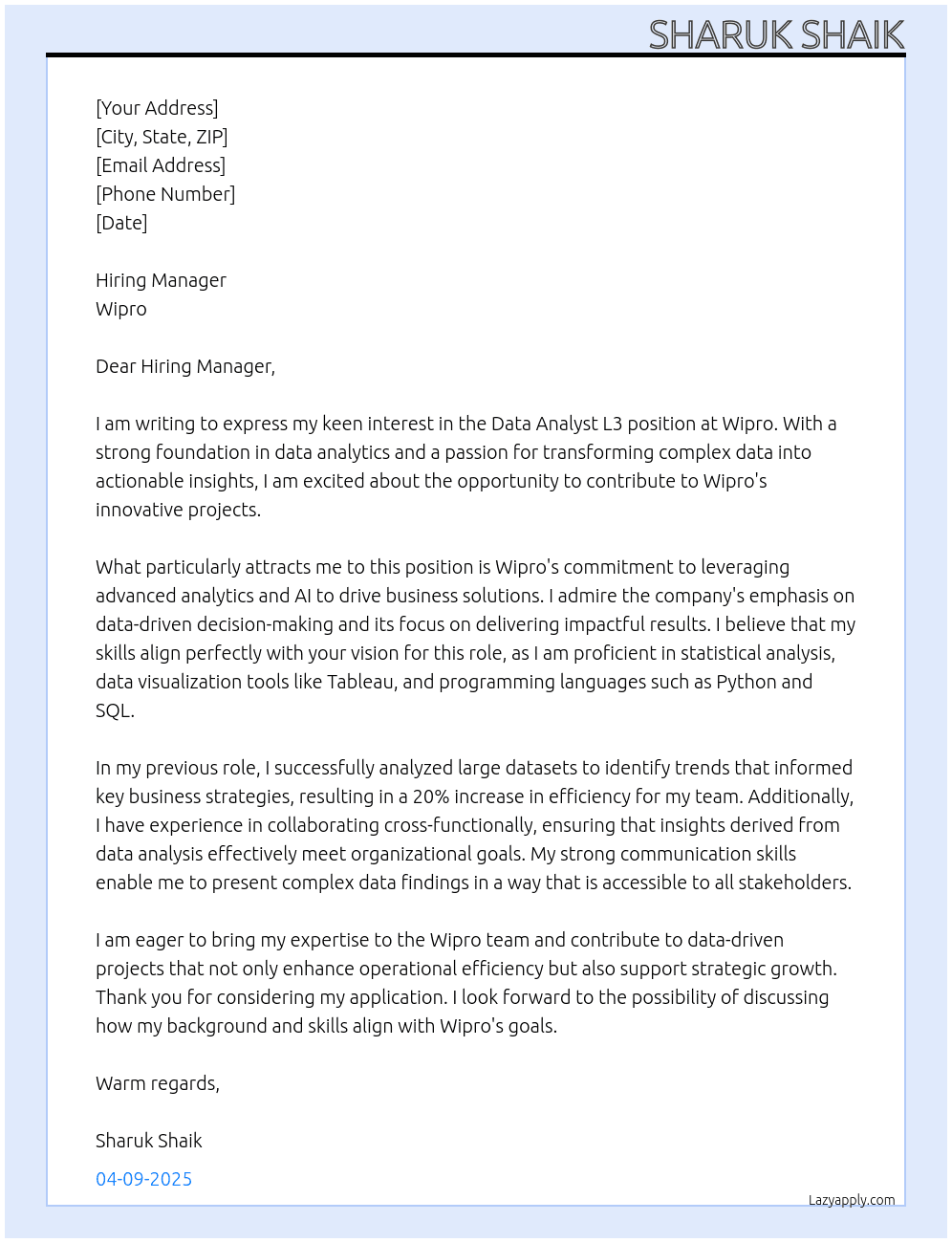 Cover letter for data analyst l3 - LazyApply