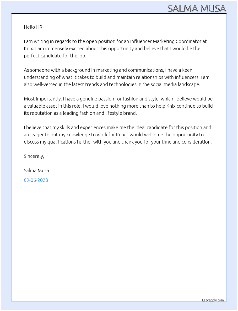 Influencer Marketing Coordinator At Knix  Cover Letter