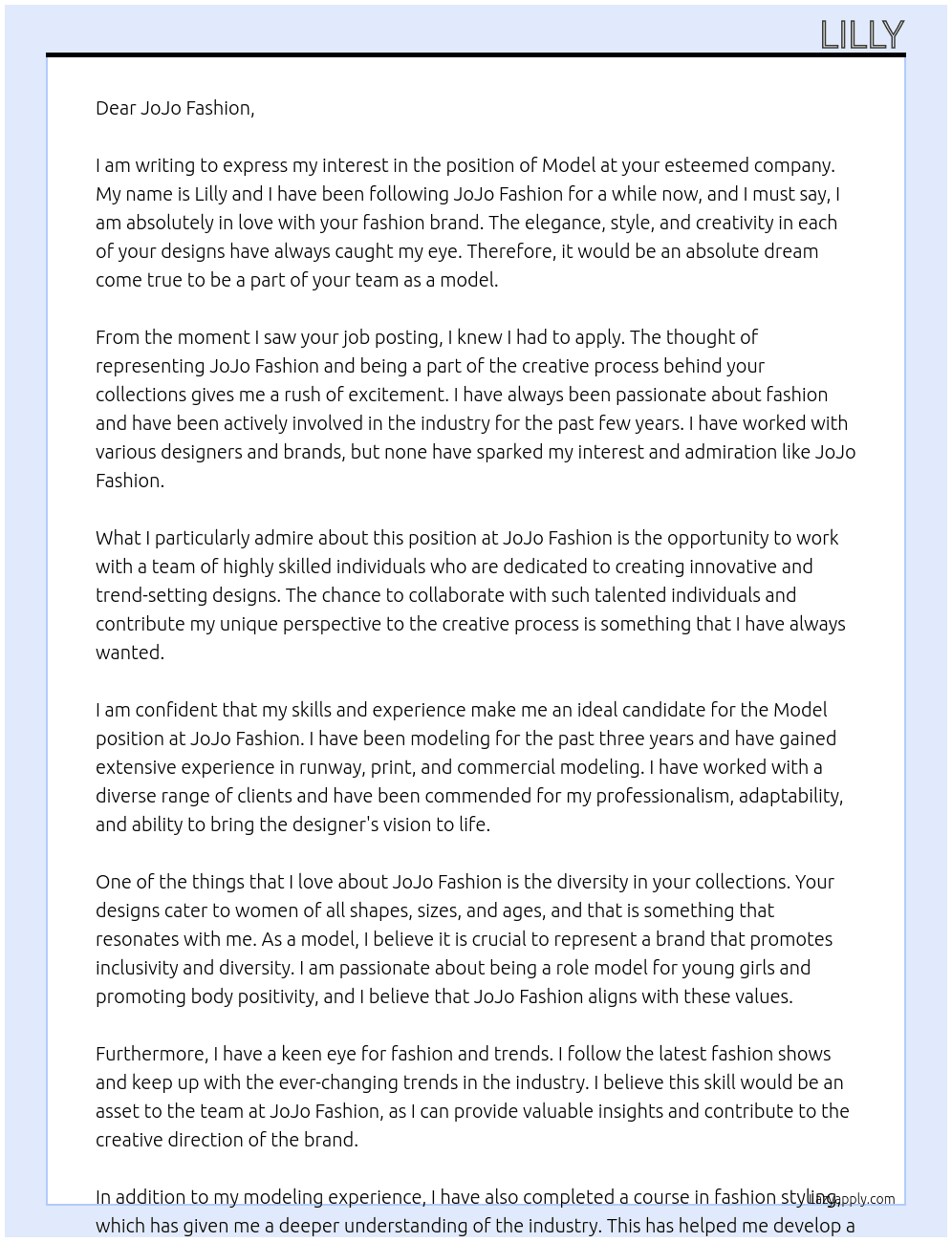 Model  At JoJo Fashion  Cover Letter