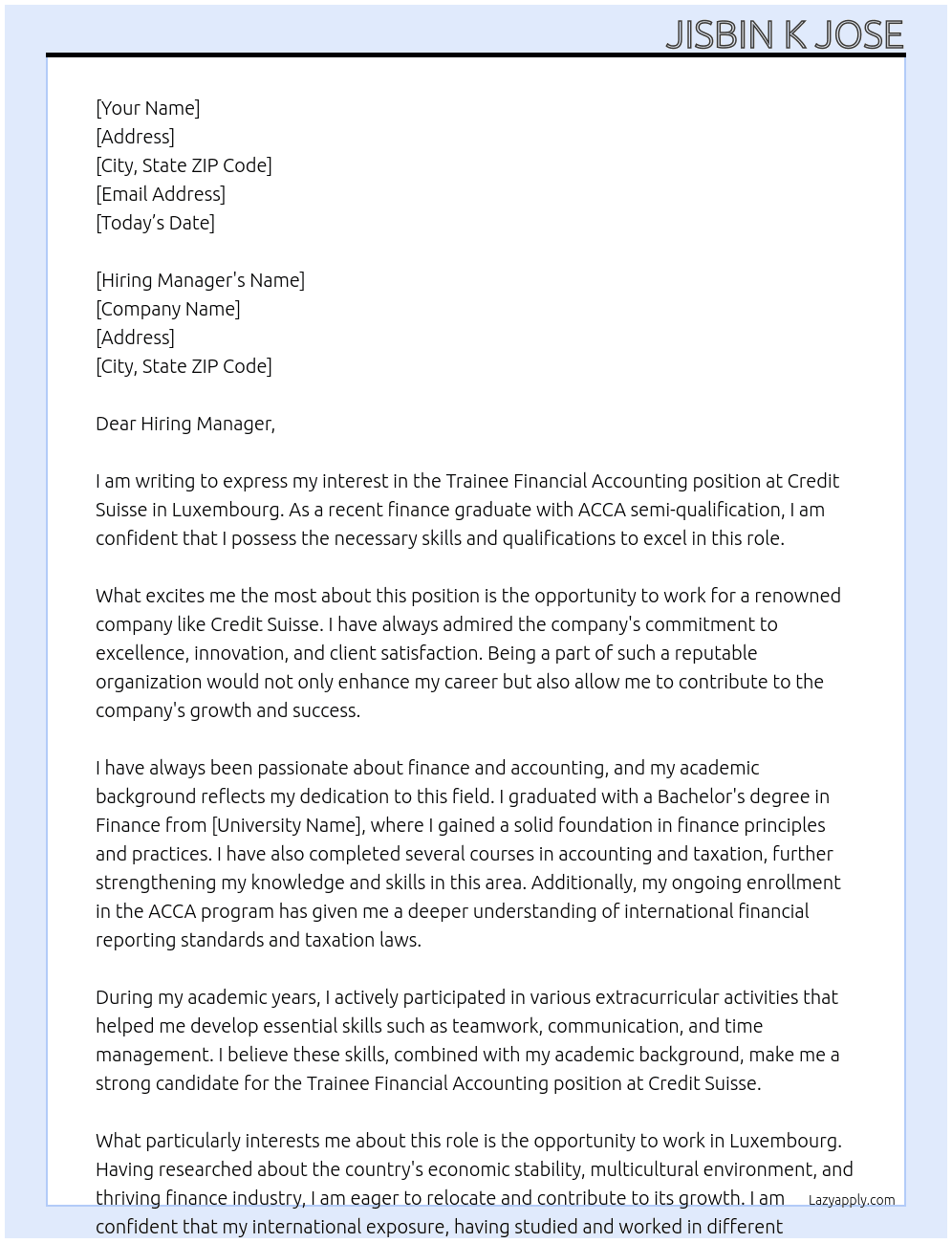 Trainee Financial Accounting At Credit suisse  Cover Letter
