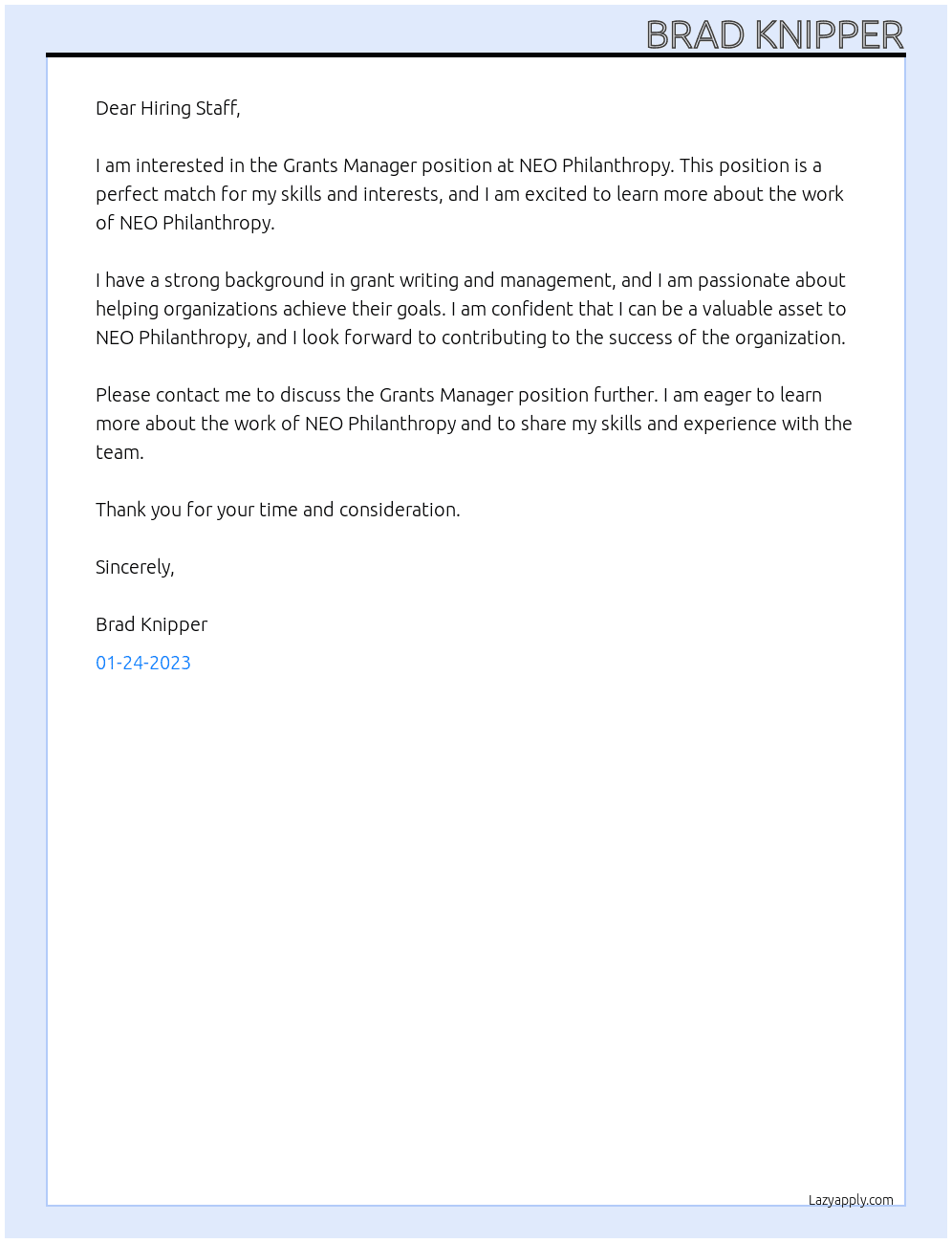 Grants Manager At NEO philanthropy Cover Letter