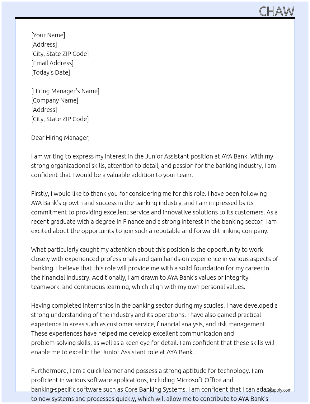 Junior assistant  At AYA Bank Cover Letter