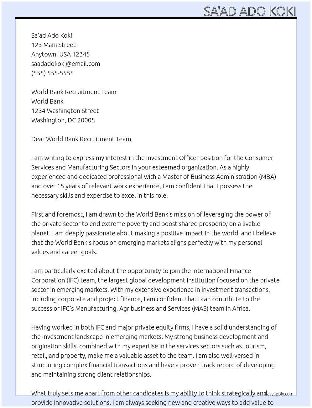 Cover letter for investment officer - consumer services and manufacturing sectors - LazyApply