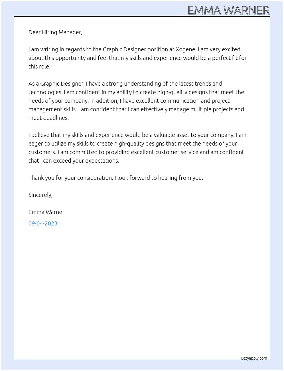 Graphic Designer, Technology Services At Xogene Cover Letter