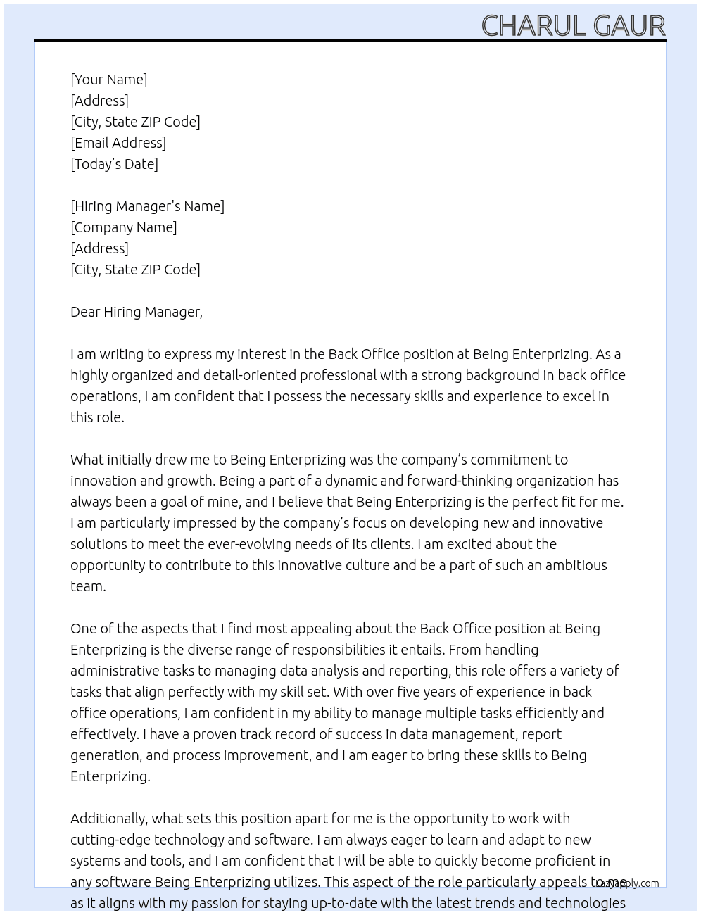BACK OFFICE At BEING ENTERPRIZING Cover Letter