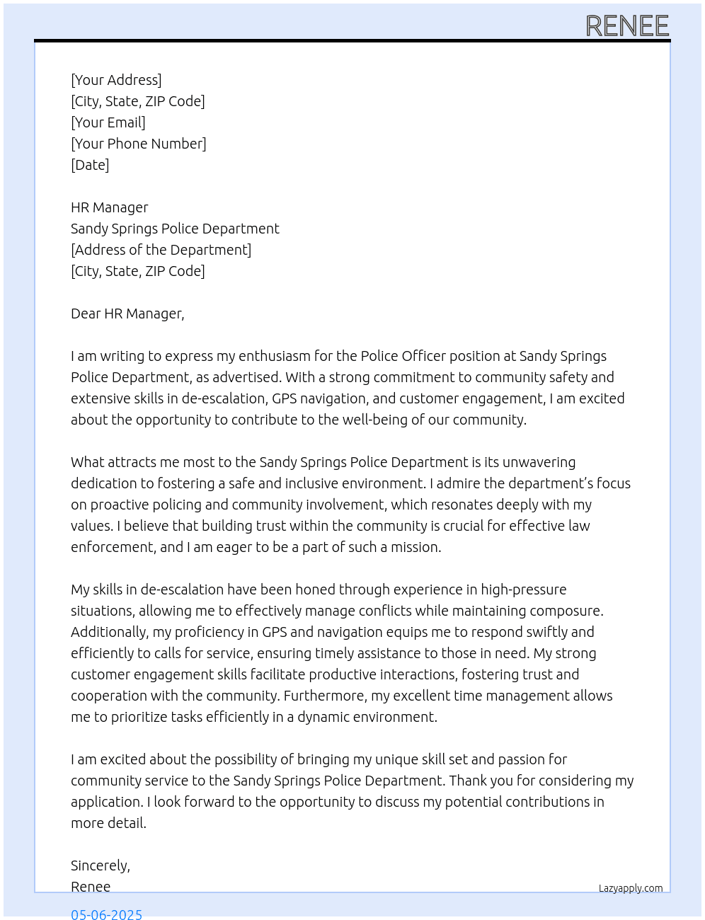 Police officer  At Sandy Springs Police Department  Cover Letter