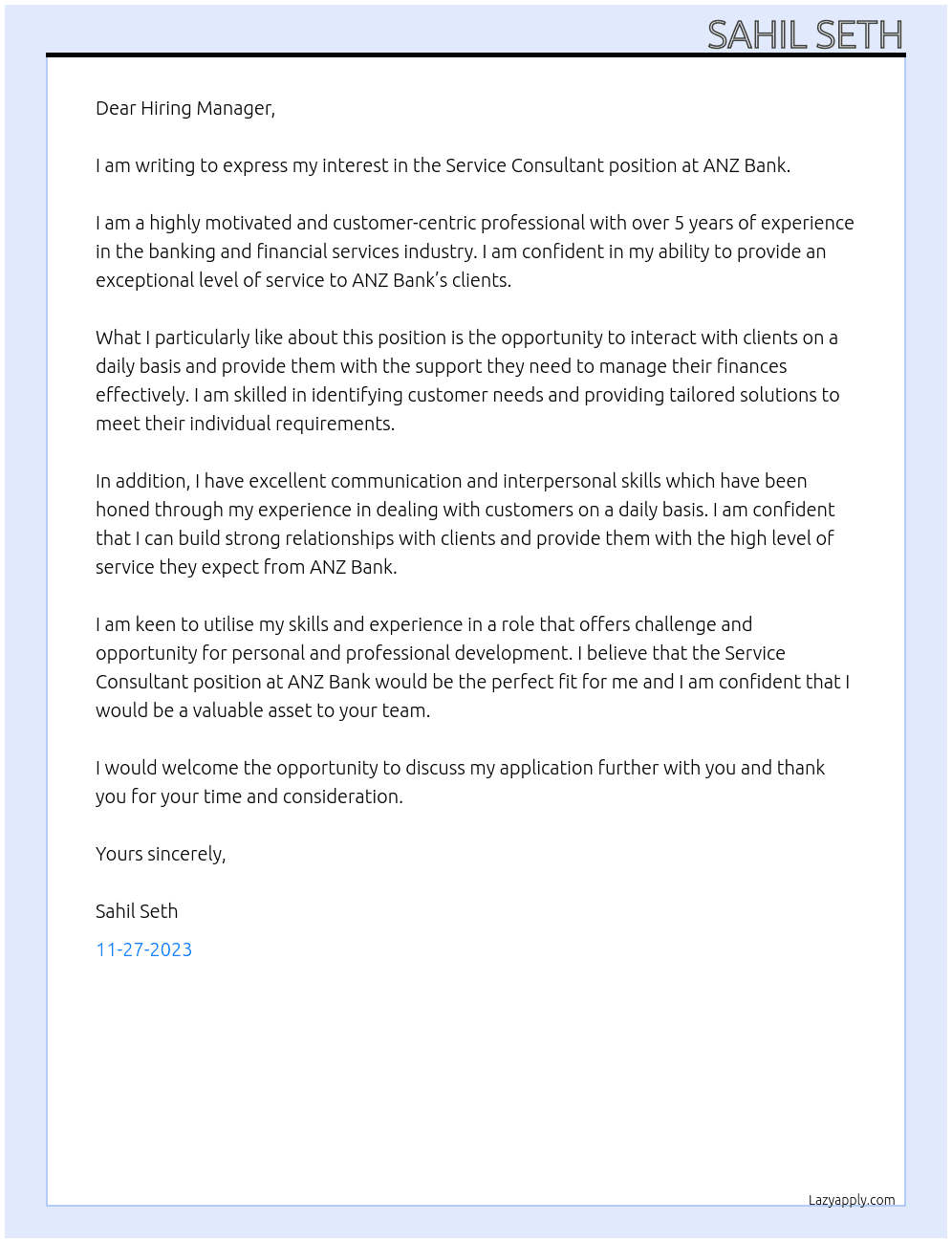 Service Consultant At ANZ Bank Cover Letter