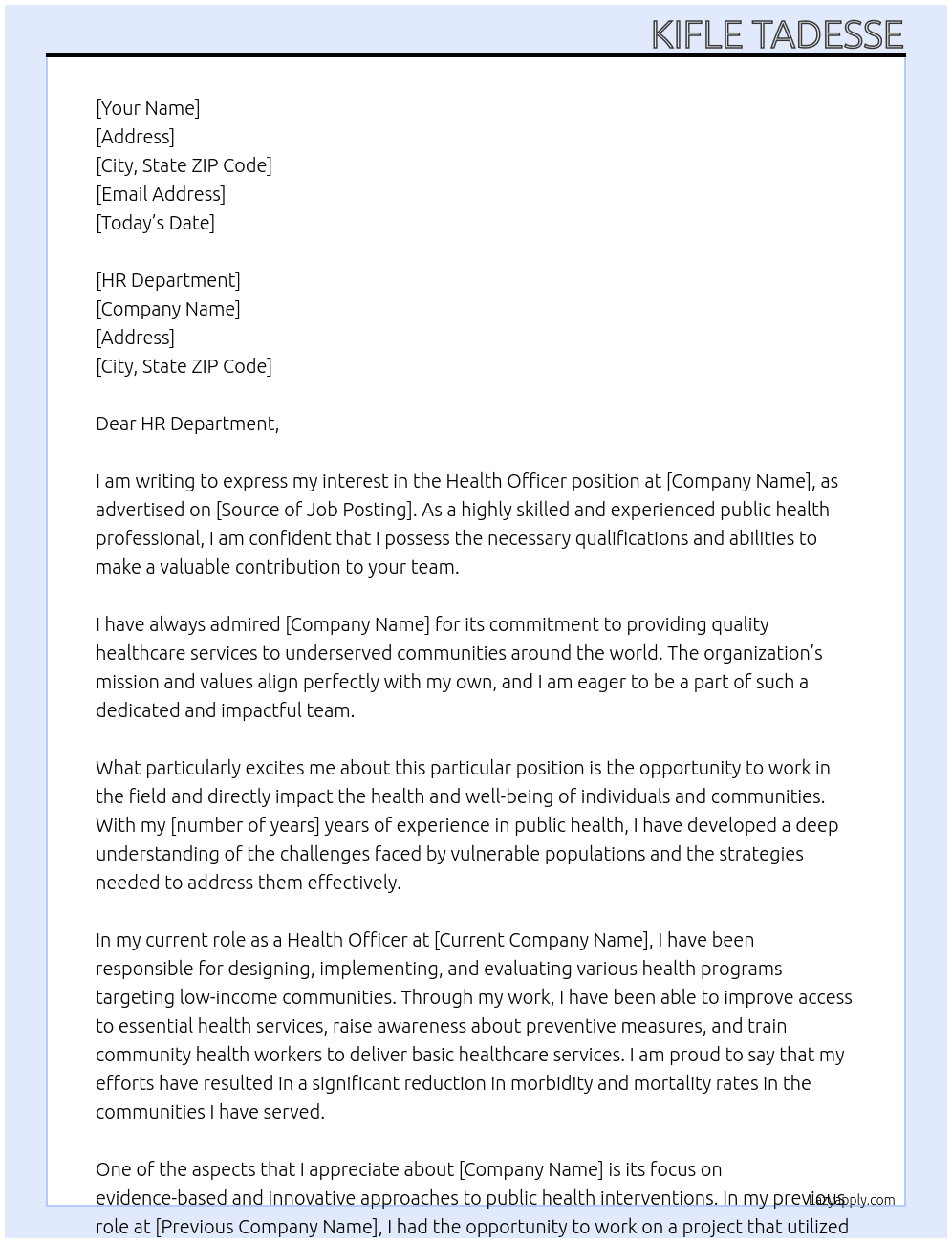 Health Officer At IRC Cover Letter