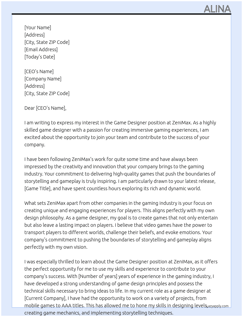 game designer At zenimax Cover Letter