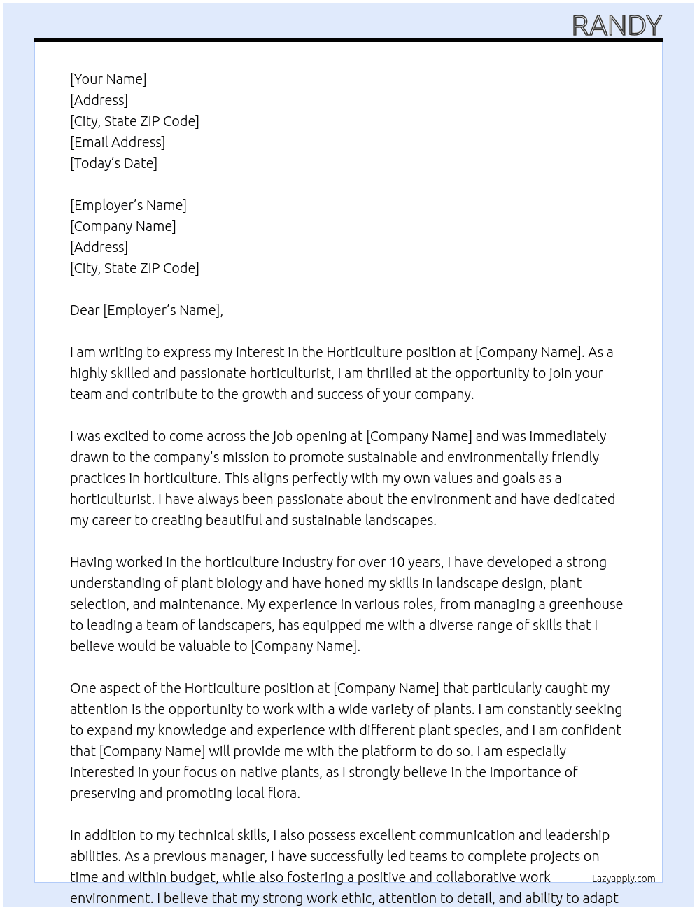 Horticulture At Companies Name Cover Letter