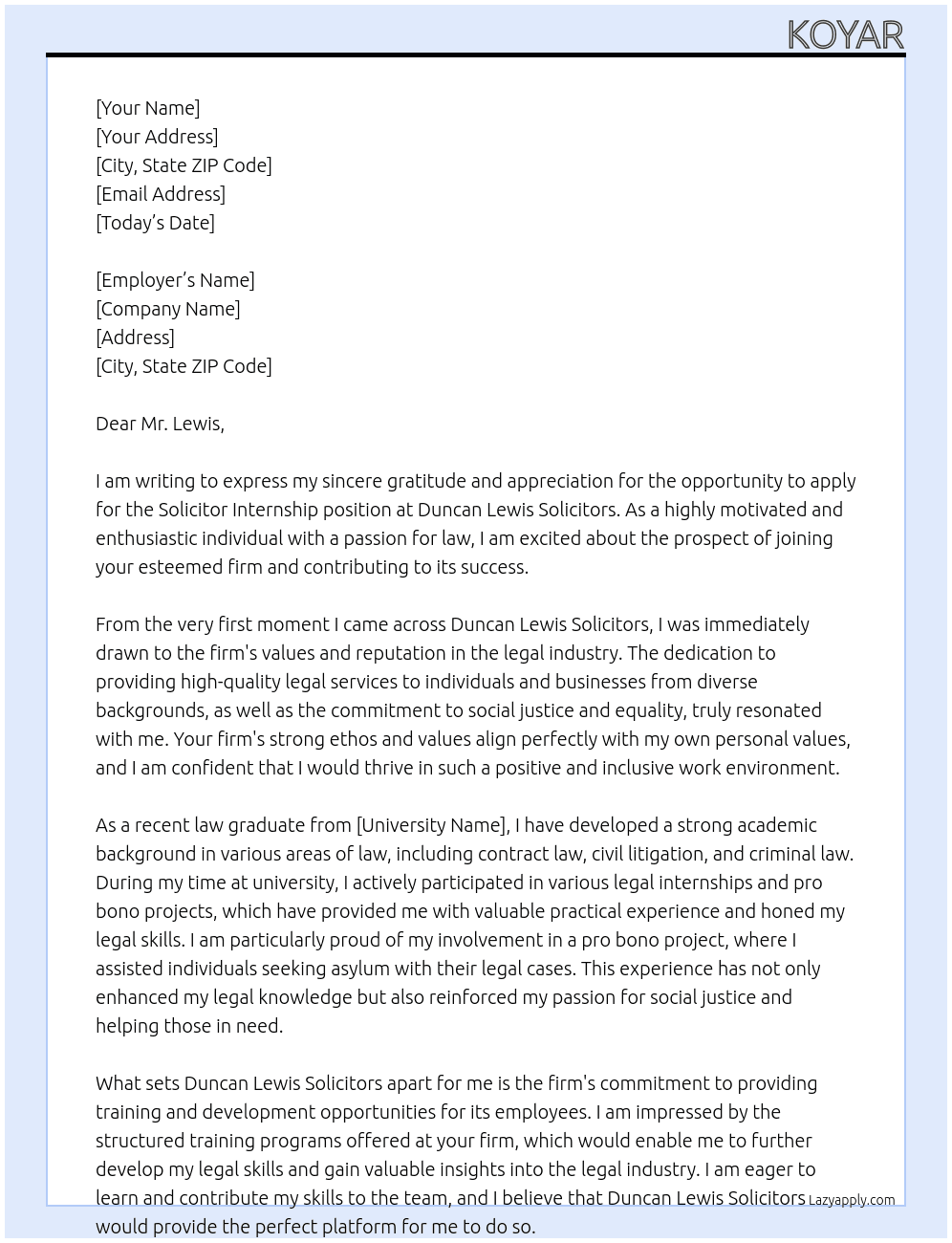 solicitor internship At Duncan Lewis Solicitors Cover Letter