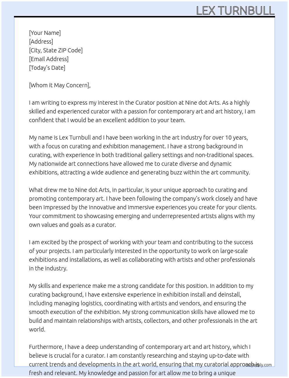 Curator At Nine dot Arts Cover Letter