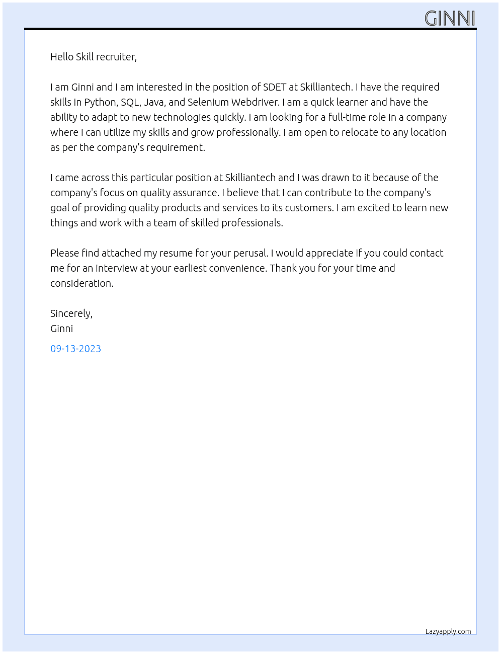 sdet  At Skilliantech Cover Letter