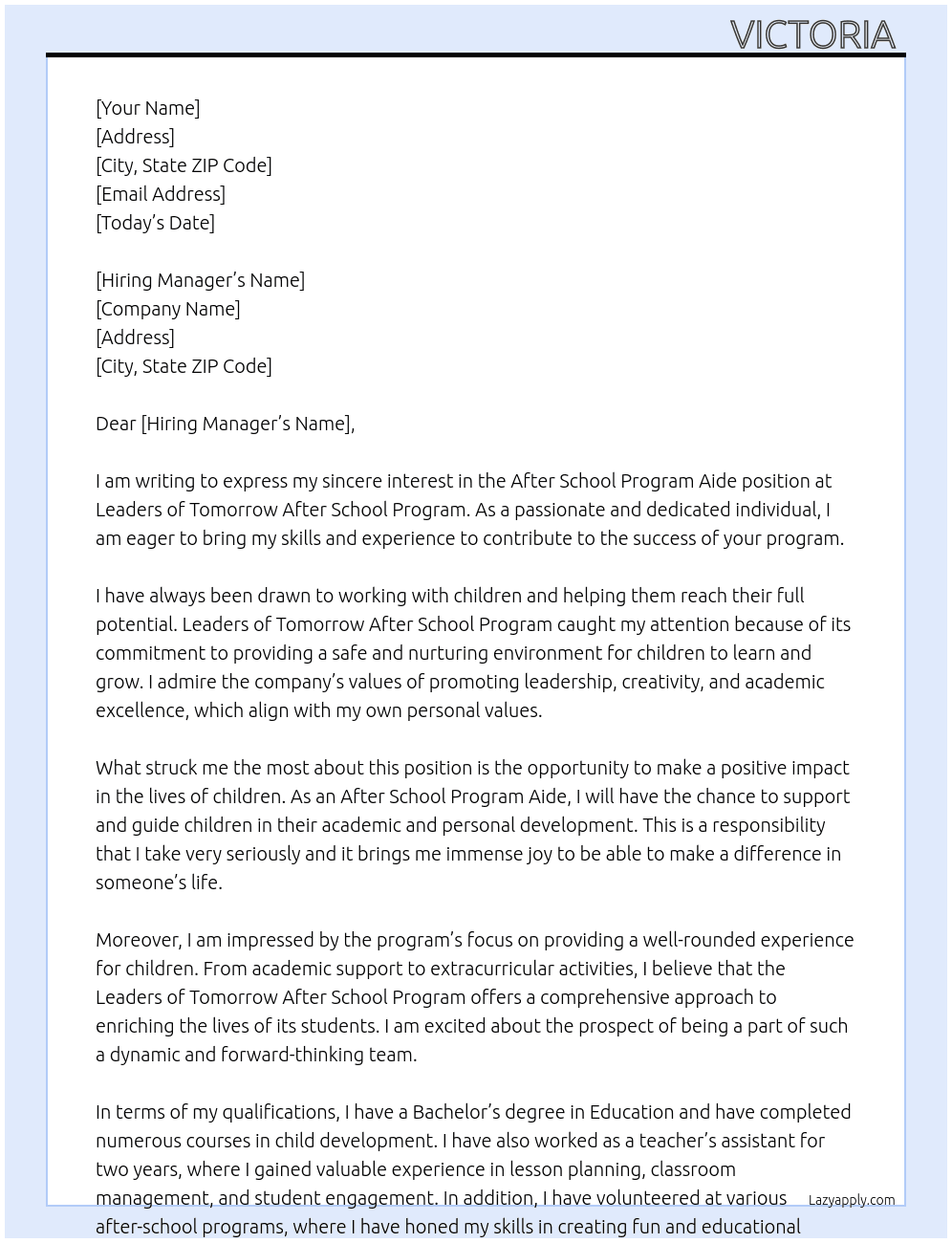 After School Program Aide  At Leaders of Tomorrow After School Program  Cover Letter