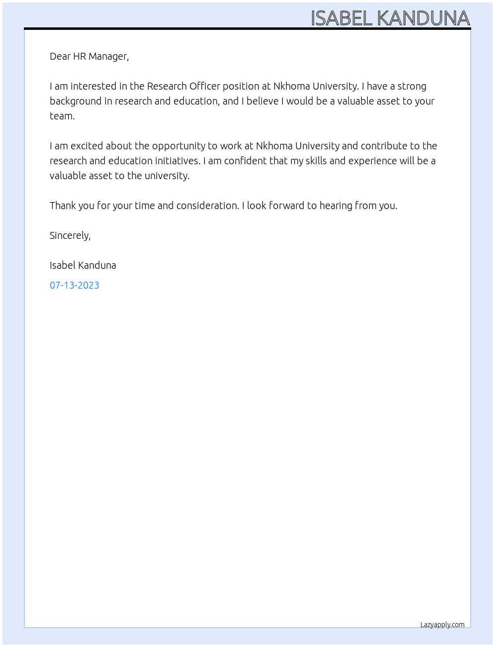Research Officer  At Nkhoma University  Cover Letter