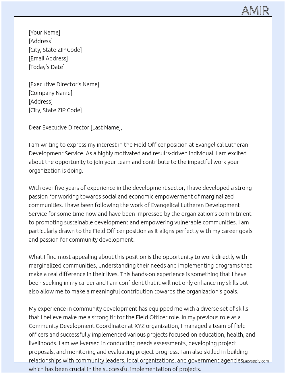 FIELD OFFICER  At Evangelical Lutheran Development Service Cover Letter