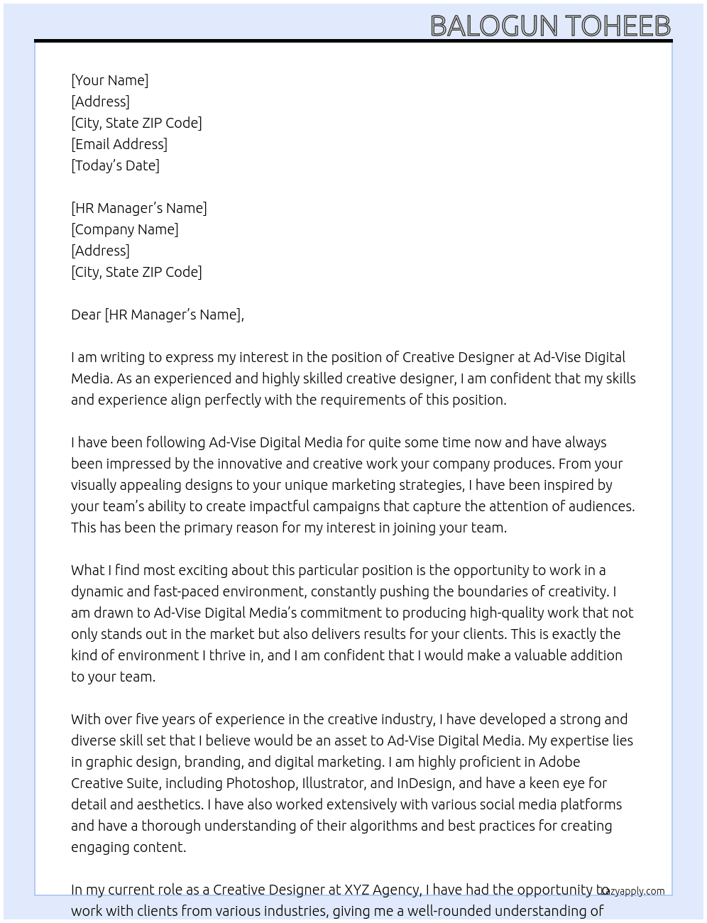 Creative Designer At Ad-Vise Digital Media  Cover Letter