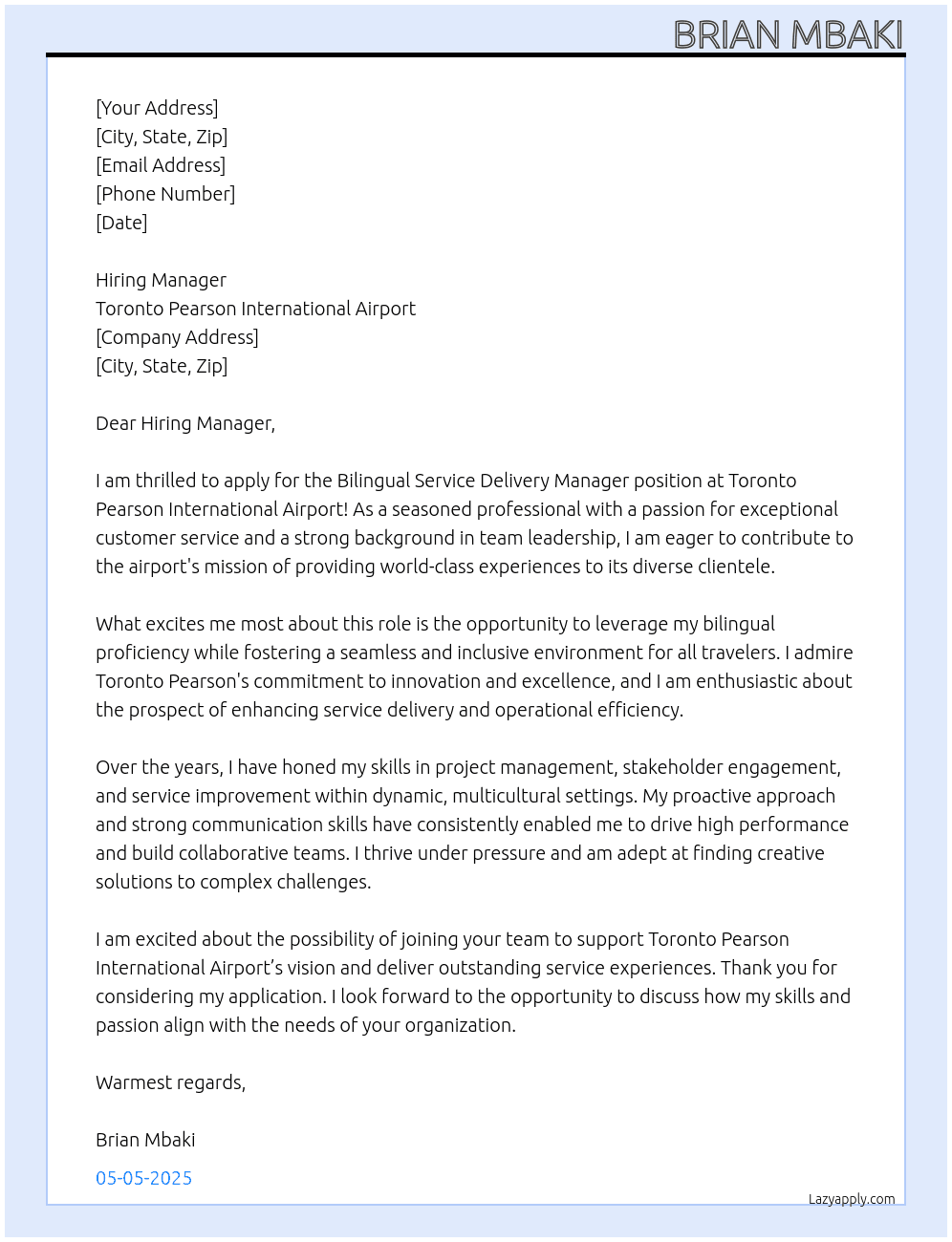 Cover letter for bilingual service delivery manager - LazyApply