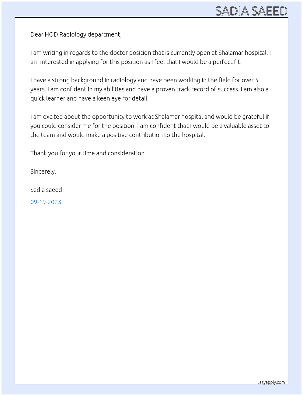 Doctor At Shalamar hospital Cover Letter