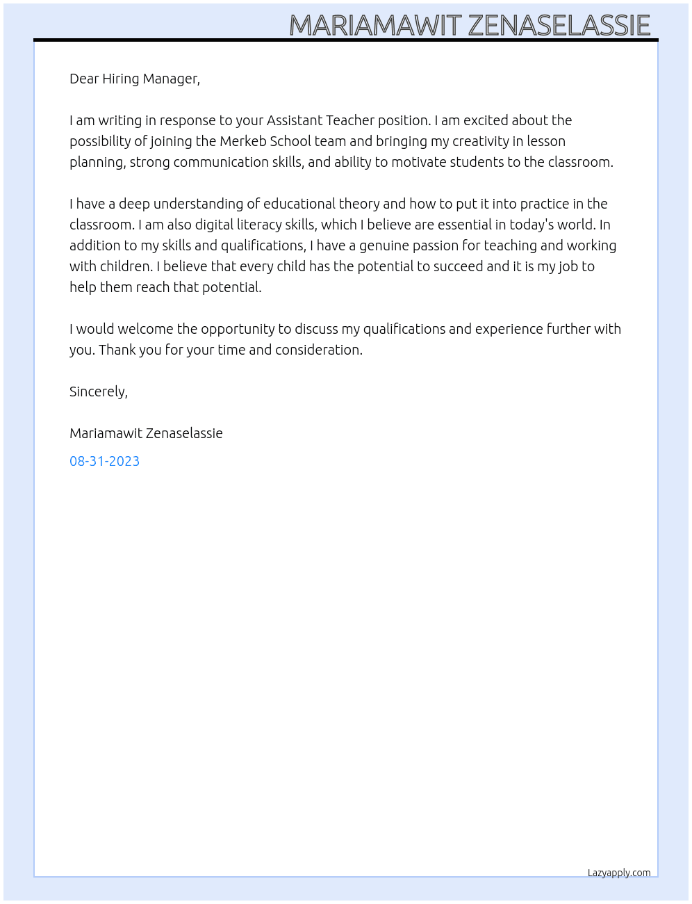 Assistant Teacher At Merkeb School Cover Letter