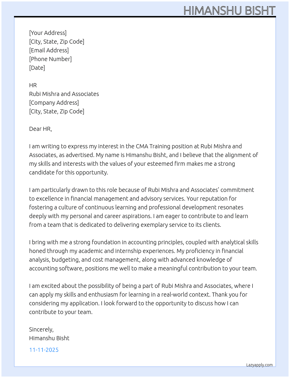 Cover letter for cma training - LazyApply