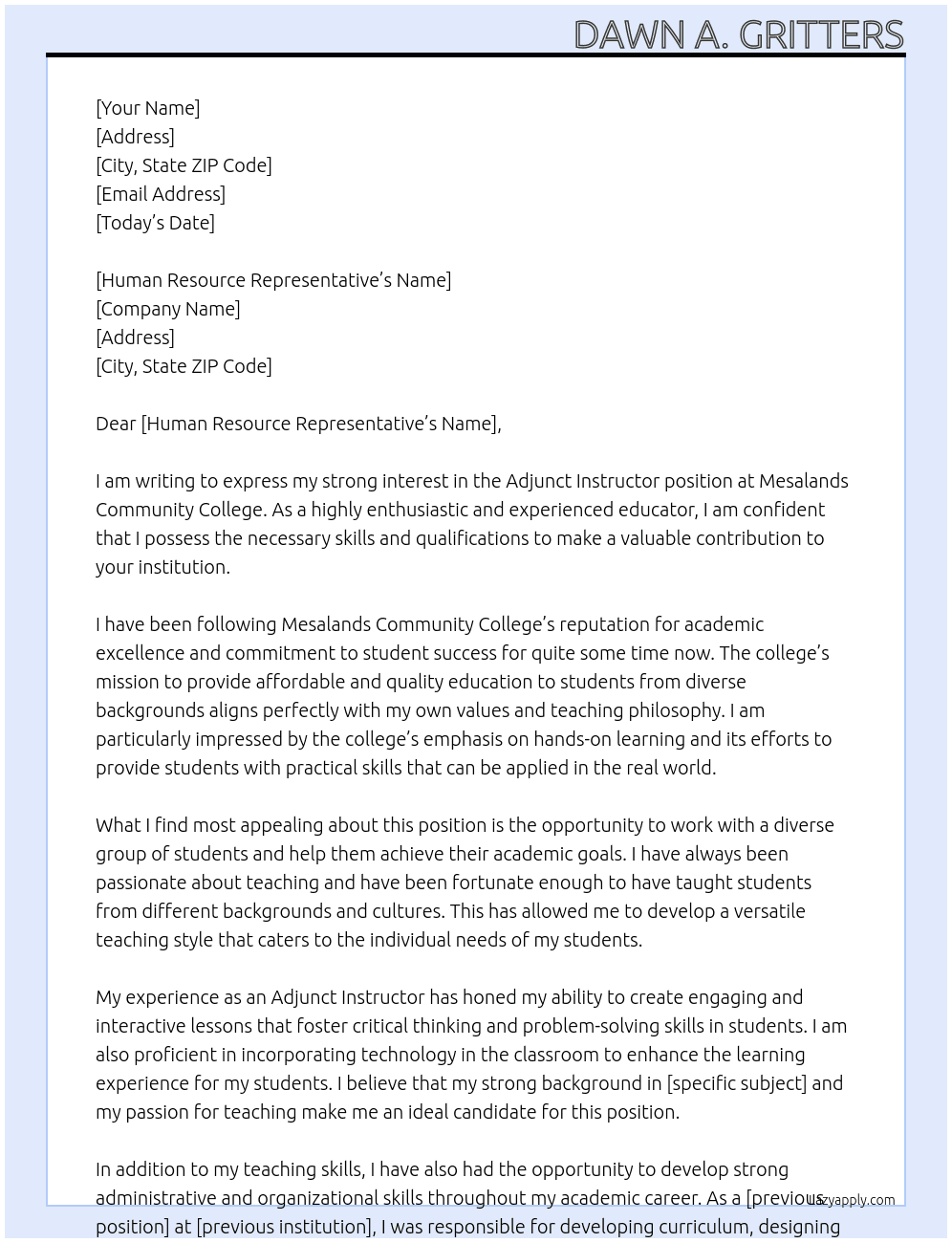 Adjunct Instructor At Mesalands Community College Cover Letter