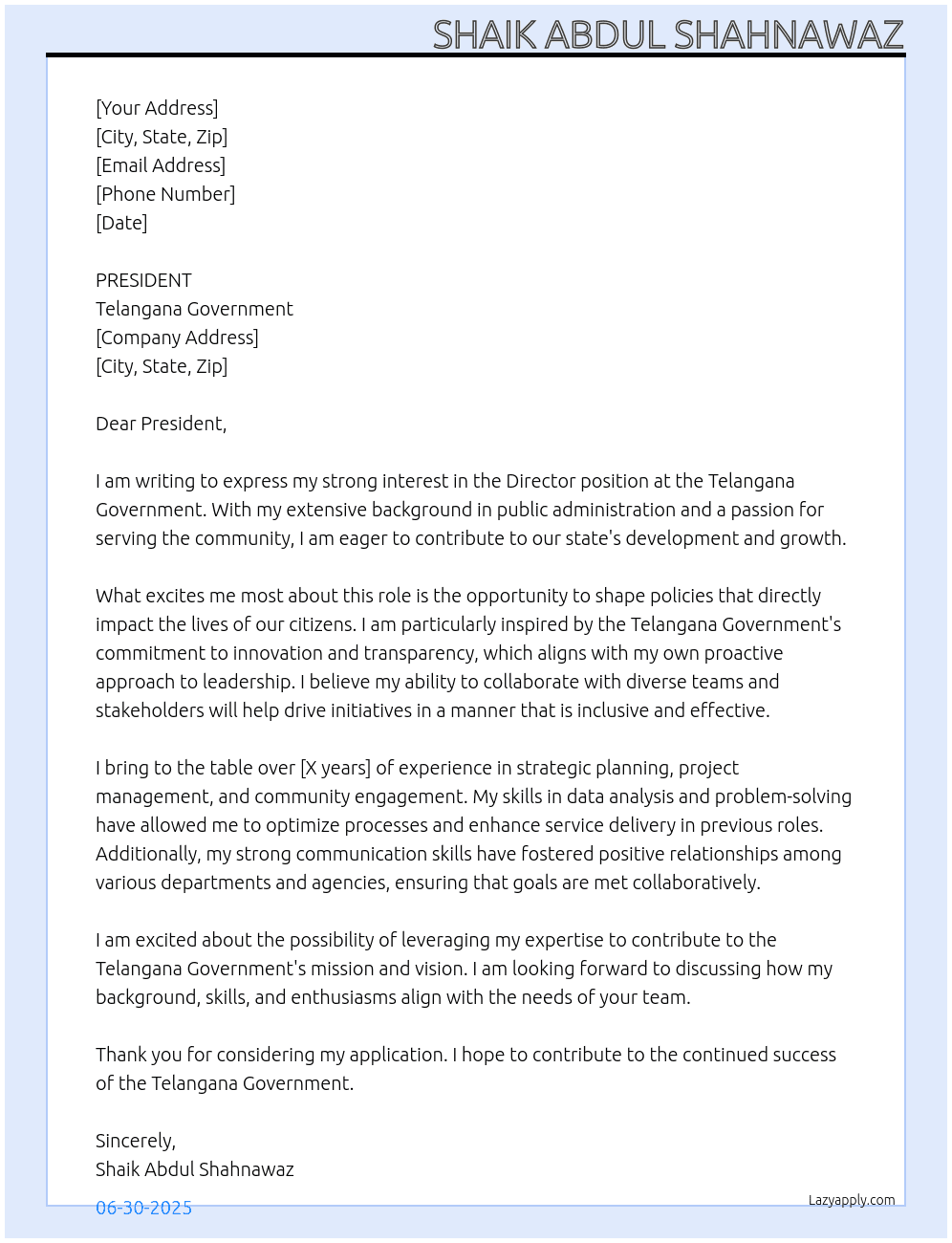 DIRECTOR At TELANAGAN GOVERMNET  Cover Letter