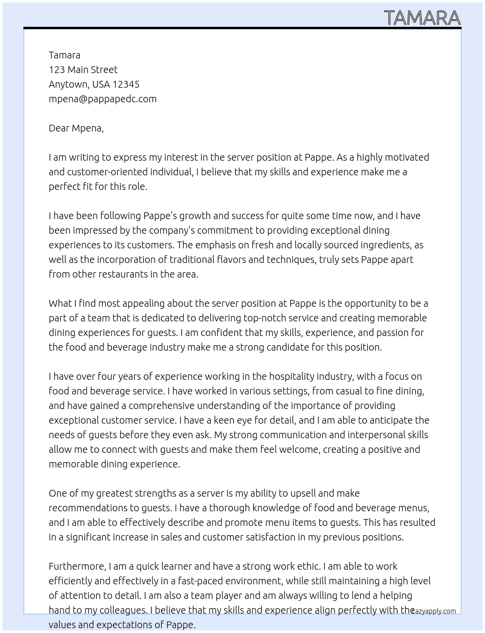 server At Pappe Cover Letter