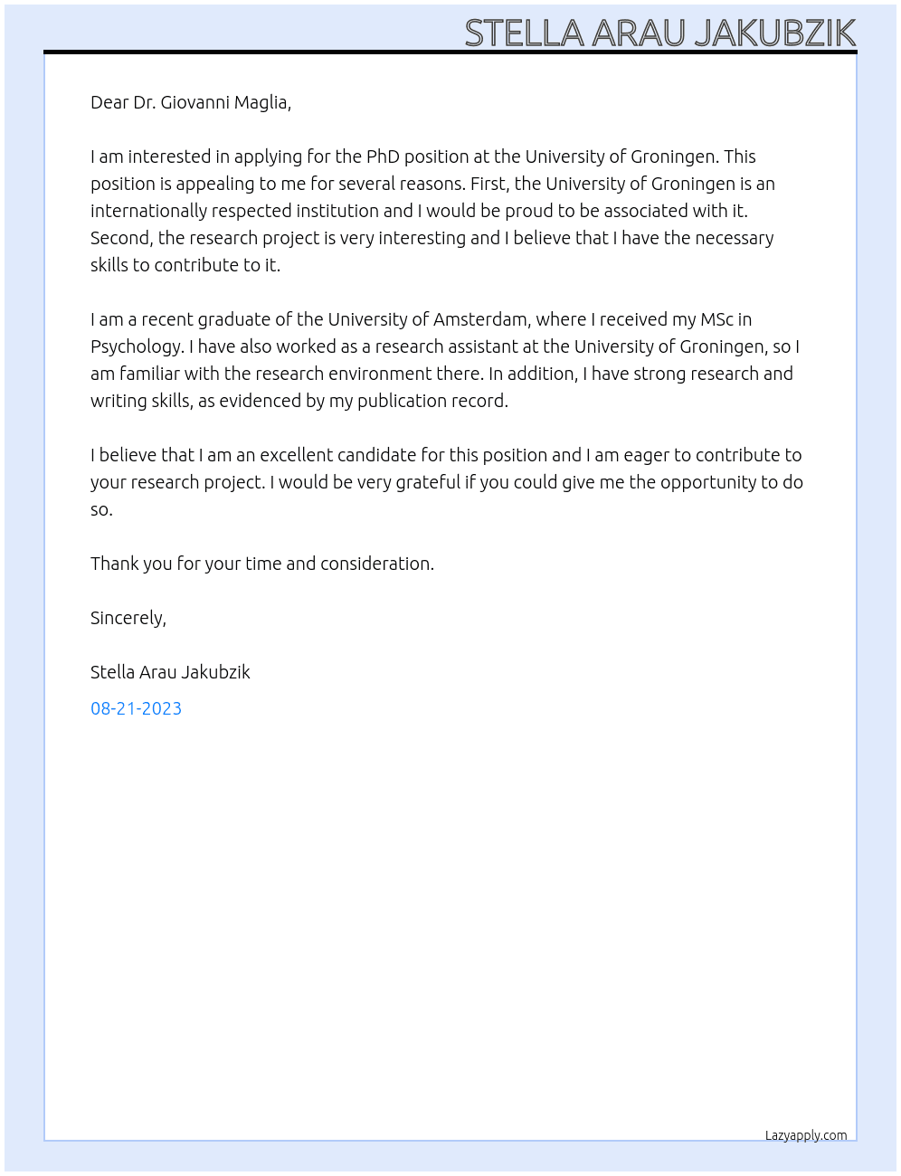 PhD  At University of Groningen Cover Letter