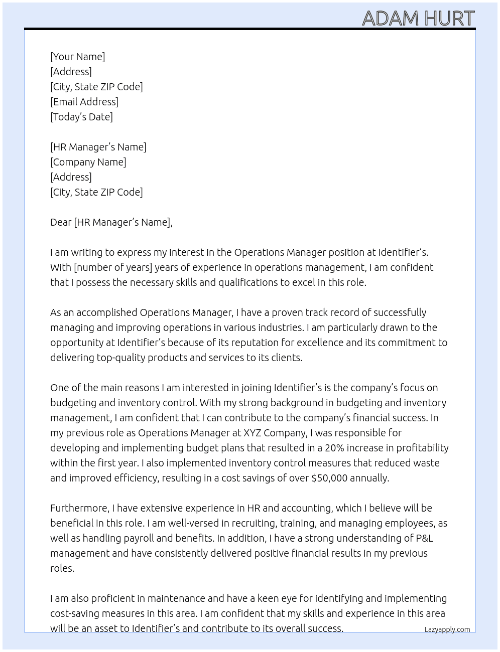 Operations Manager At Identifier's Cover Letter
