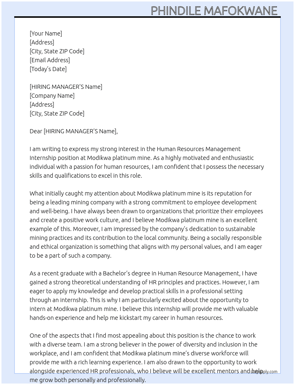 HUMAN RESOURCES MANAGEMENT INTERNSHIP At Modikwa platinum mine Cover Letter