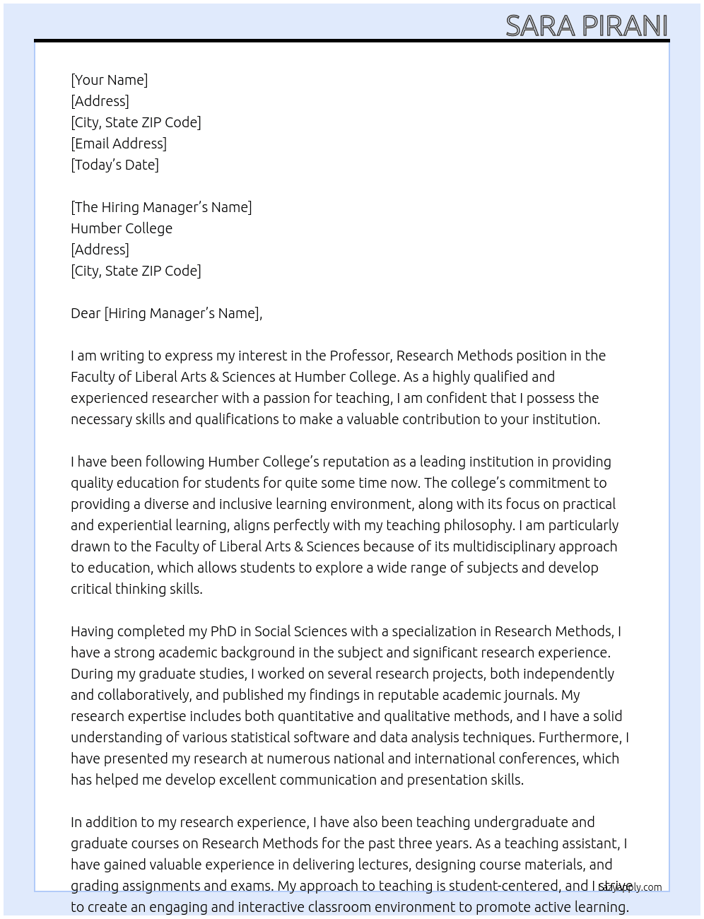 Professor, Research Methods - Faculty of Liberal Arts & Sciences At Humber College Cover Letter