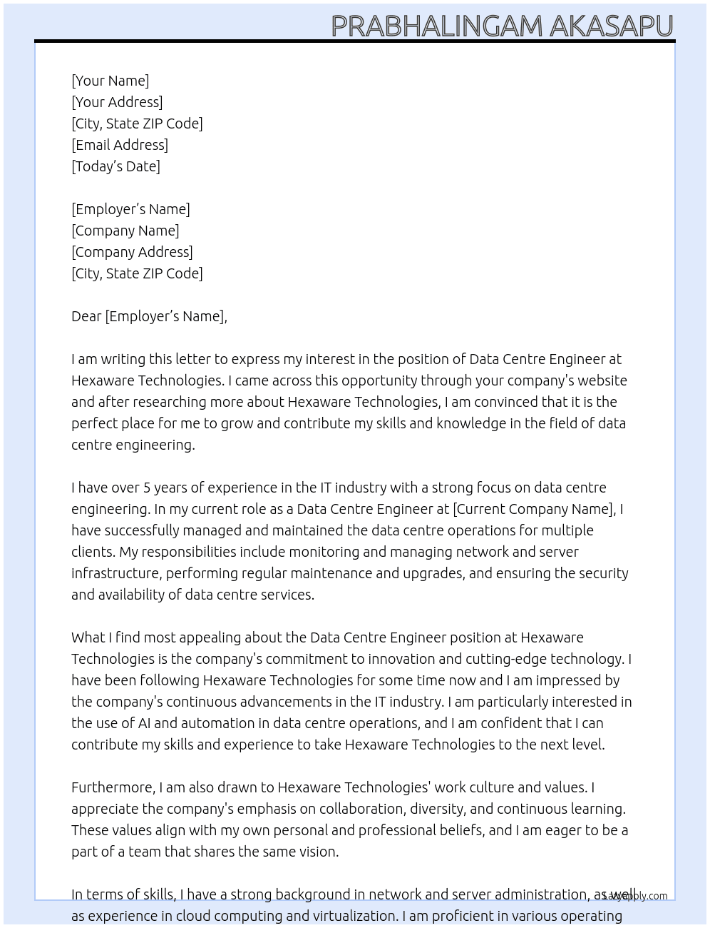 Data centre engineer At Hexaware technologies Cover Letter
