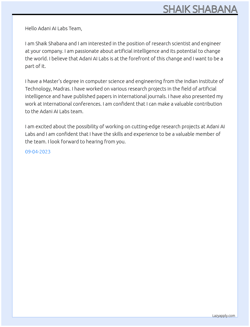 Research scientists and engineers  At Adani AI Labs  Cover Letter