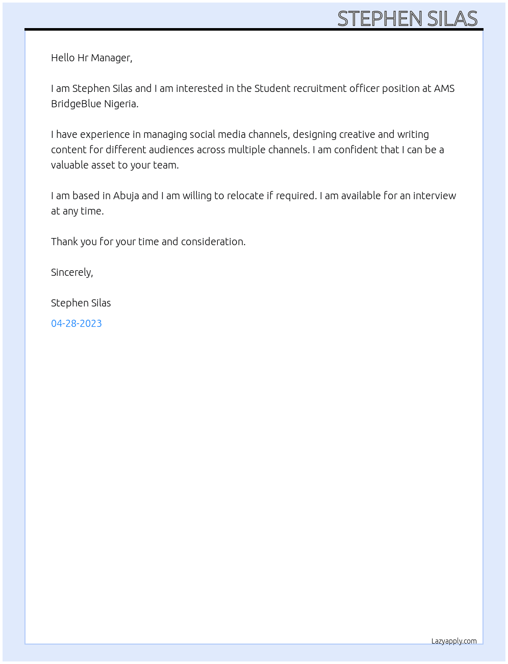 Student recruitment officer At AMS BridgeBlue Nigeria Cover Letter