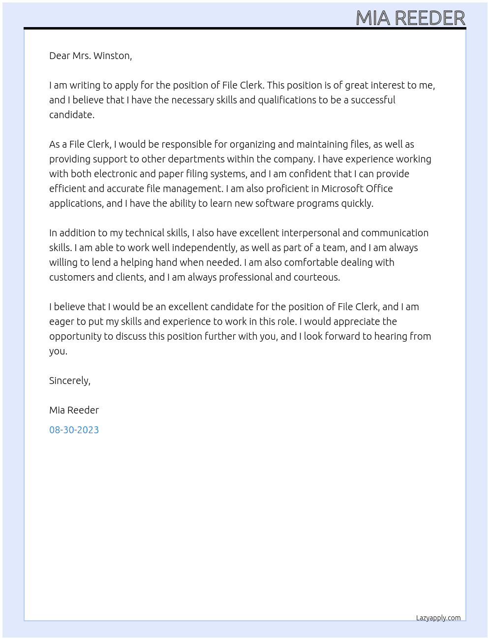 File Clerk At No company Cover Letter