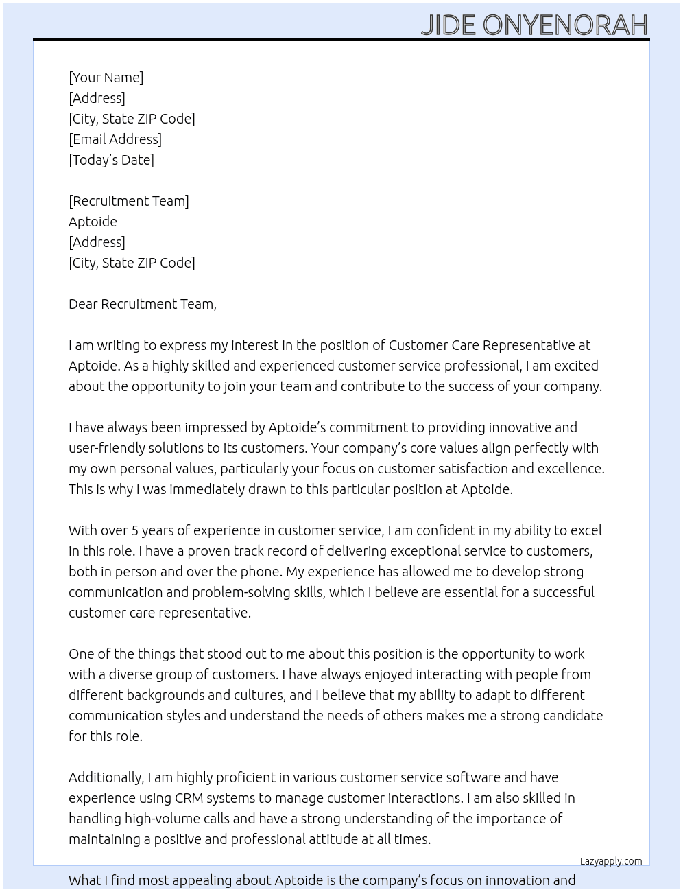 Customer Care Representative At  Aptoide Cover Letter