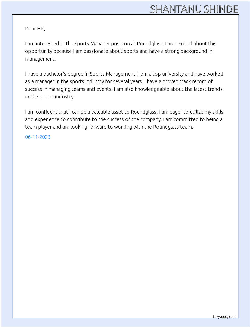 Sports Manager At Roundglass Cover Letter