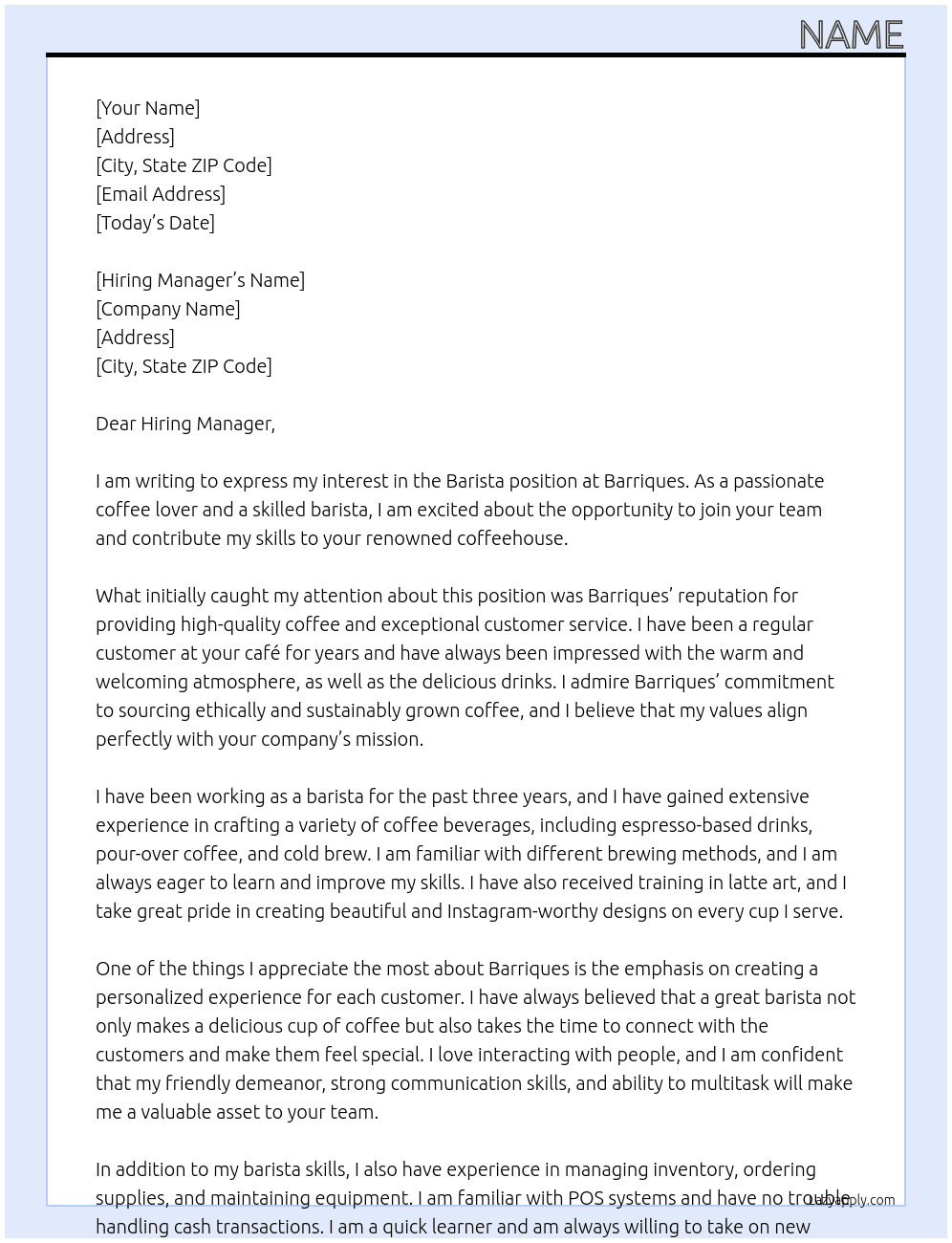 Barista At barriques Cover Letter