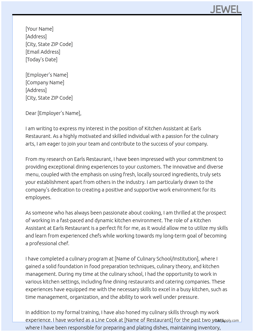 Kitchen Assistant At Earls Cover Letter
