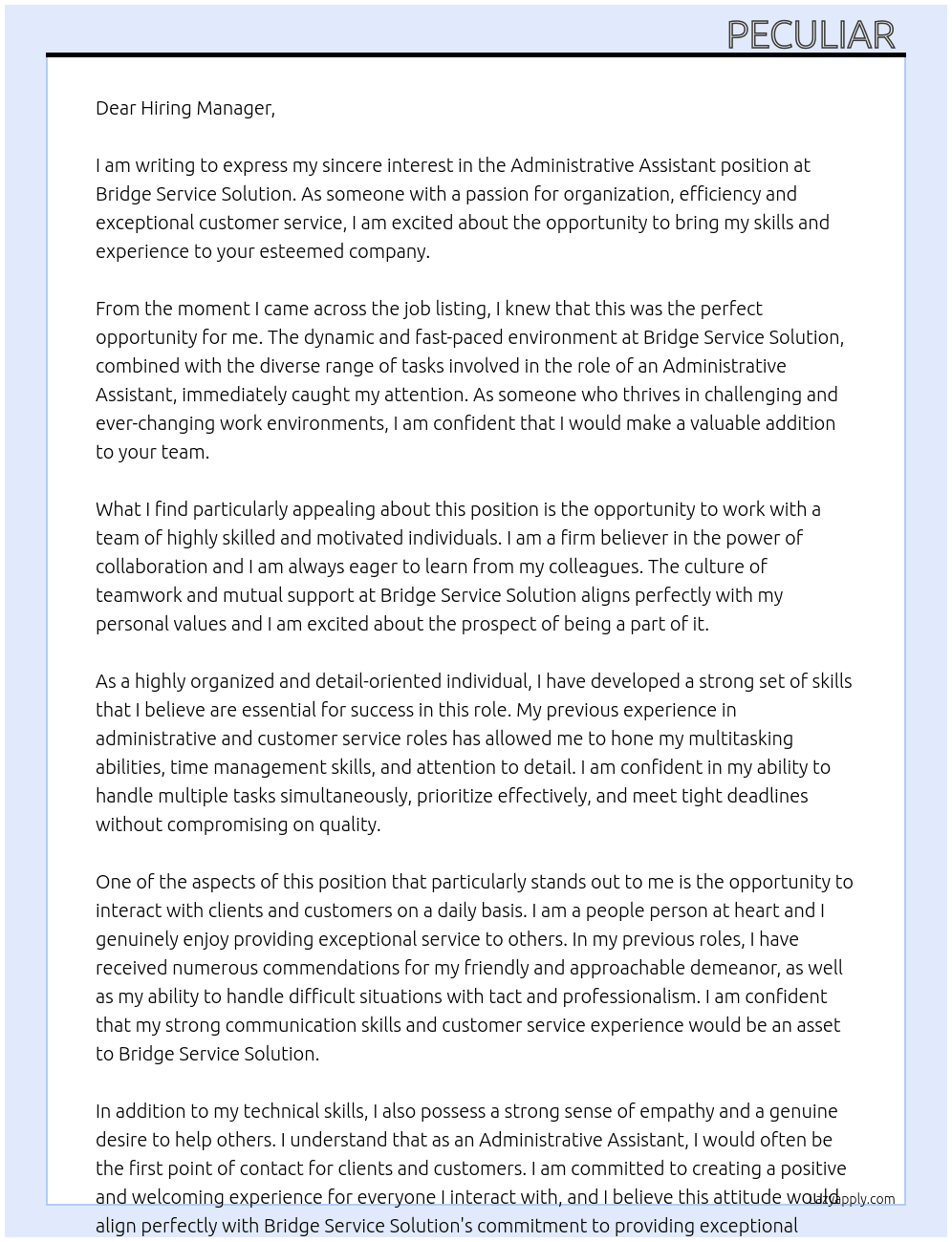 Administrative assistant  At Bridge service solution  Cover Letter