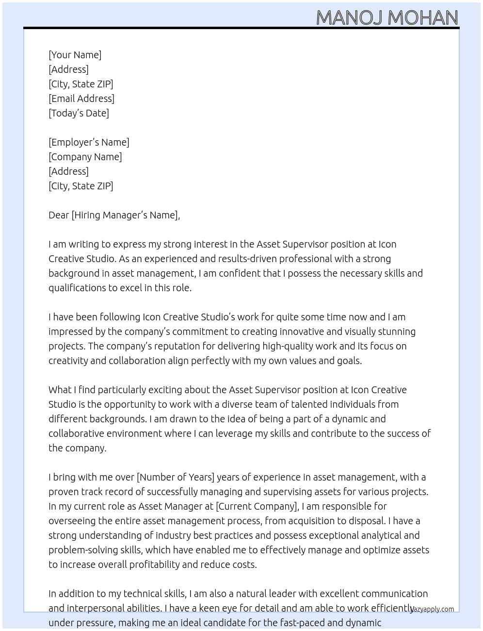 Asset Supervisor At Icon Creative Studio Cover Letter