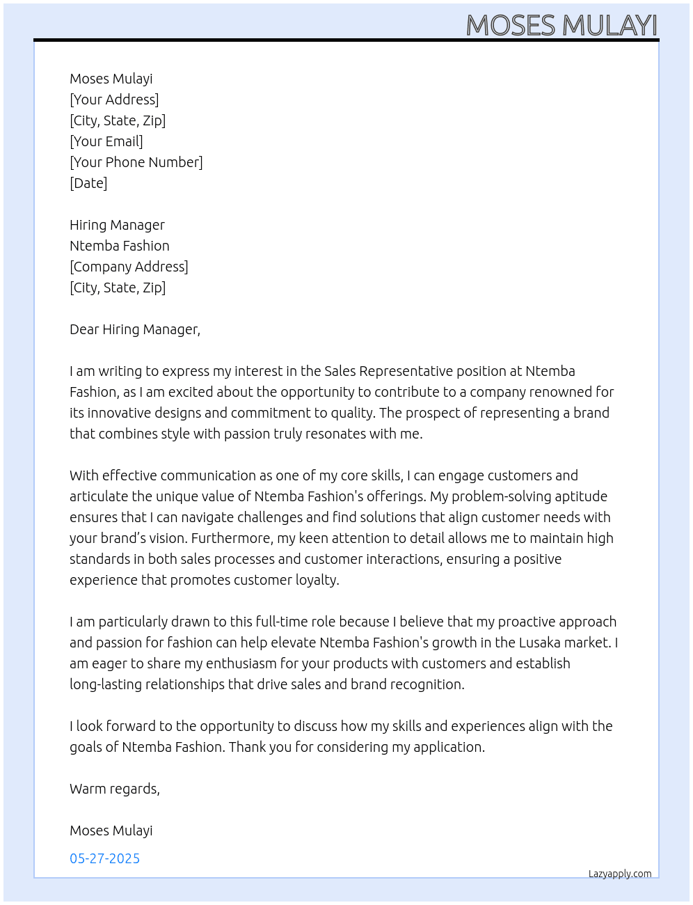 Sales Representative  At Ntemba Fashion Cover Letter