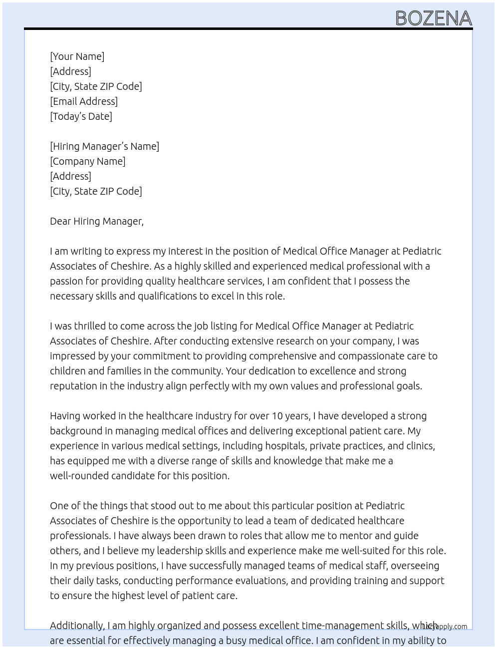 medical office manager At Pediatric Associates of Cheshire Cover Letter