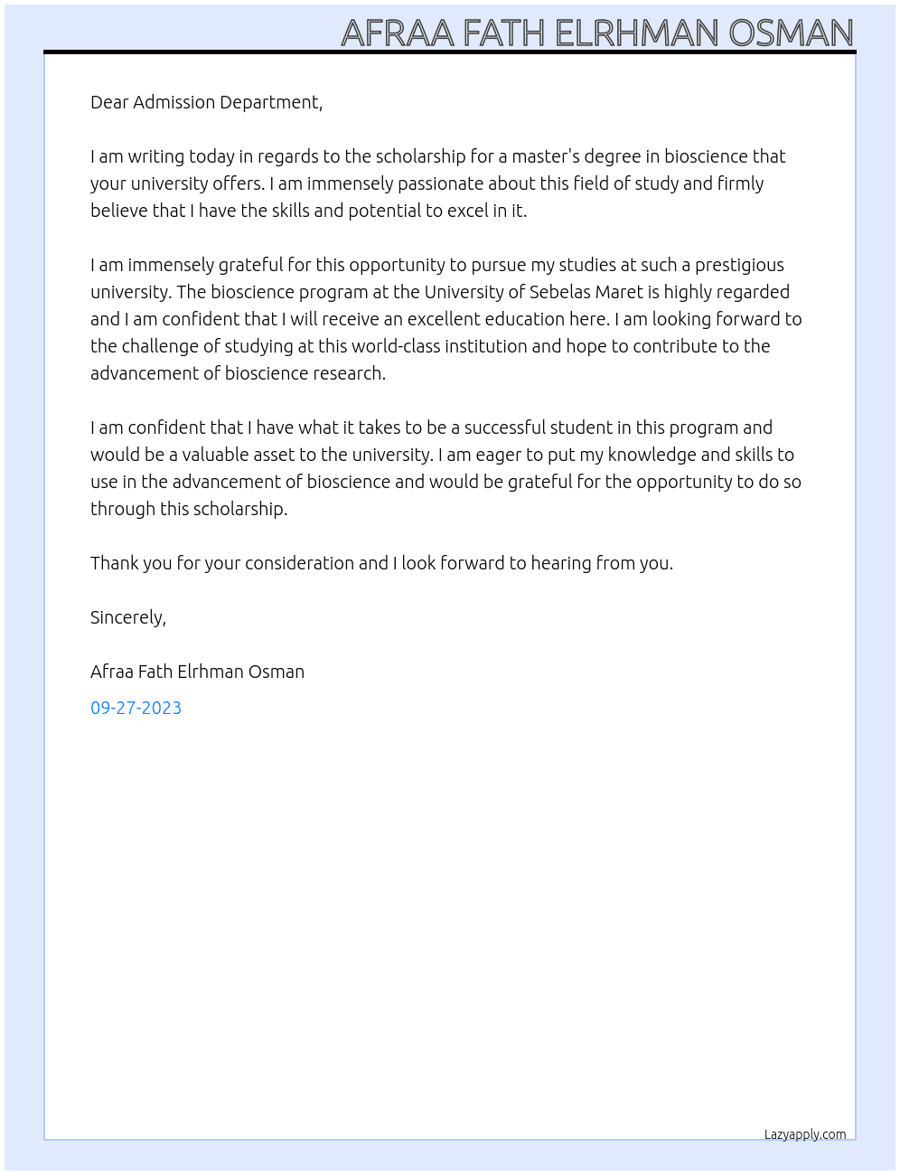 Scholarship for master degree in bioscience At University of Sebelas Maret Cover Letter