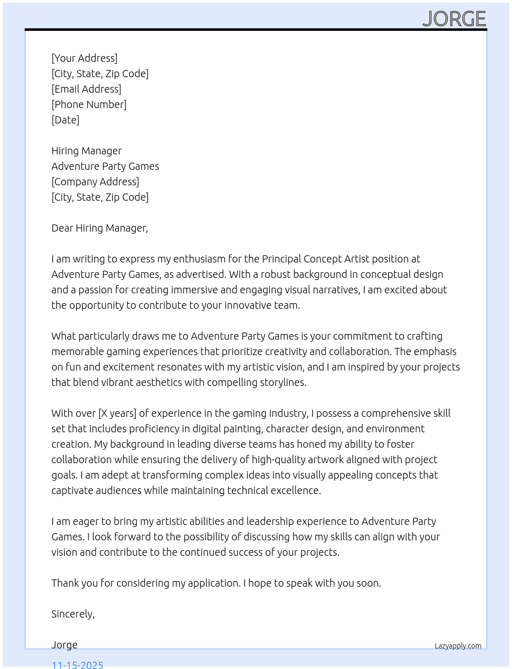 Principal concept artist  At Adventure party games Cover Letter