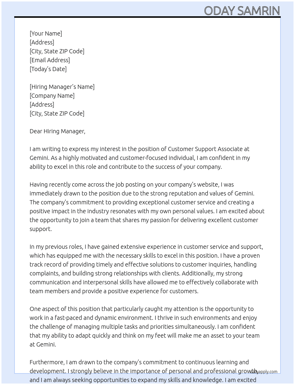Customer Support Associate At Gemini Cover Letter