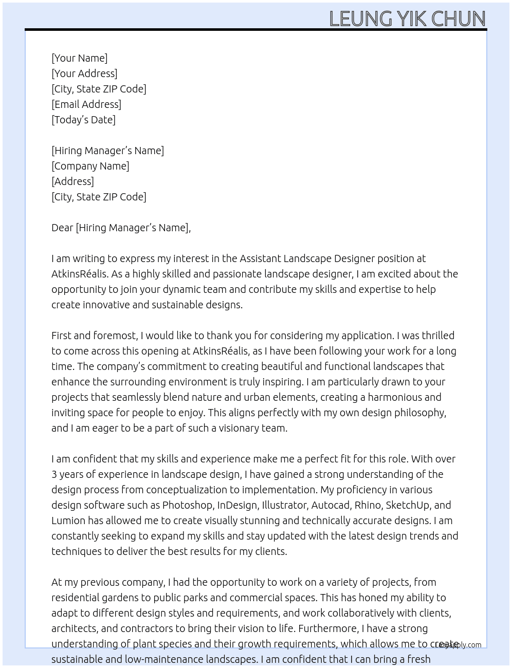 Assistant Landscape Designer At AtkinsRéalis Cover Letter